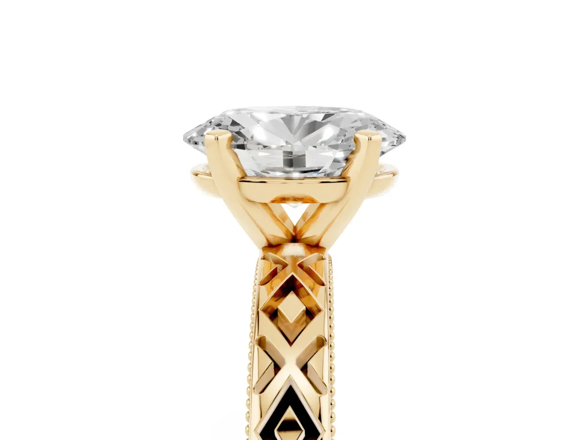 Oval Cut Solitaire Diamond Ring with Milgrain and Black Enamel X Pattern Band Yellow gold