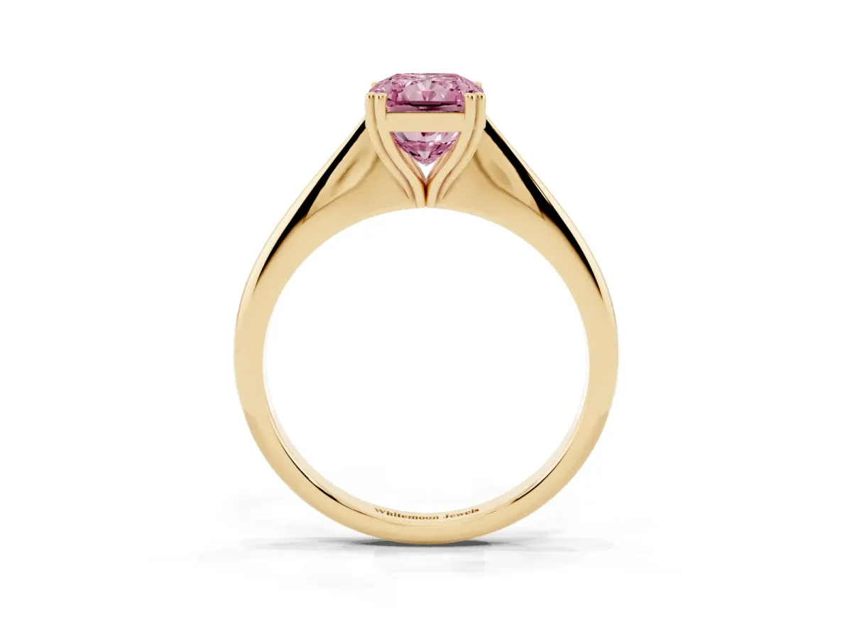 Fancy Pink Radiant Cut Solitaire Diamond Ring with Six-Prong Setting and Classic Band Yellow gold