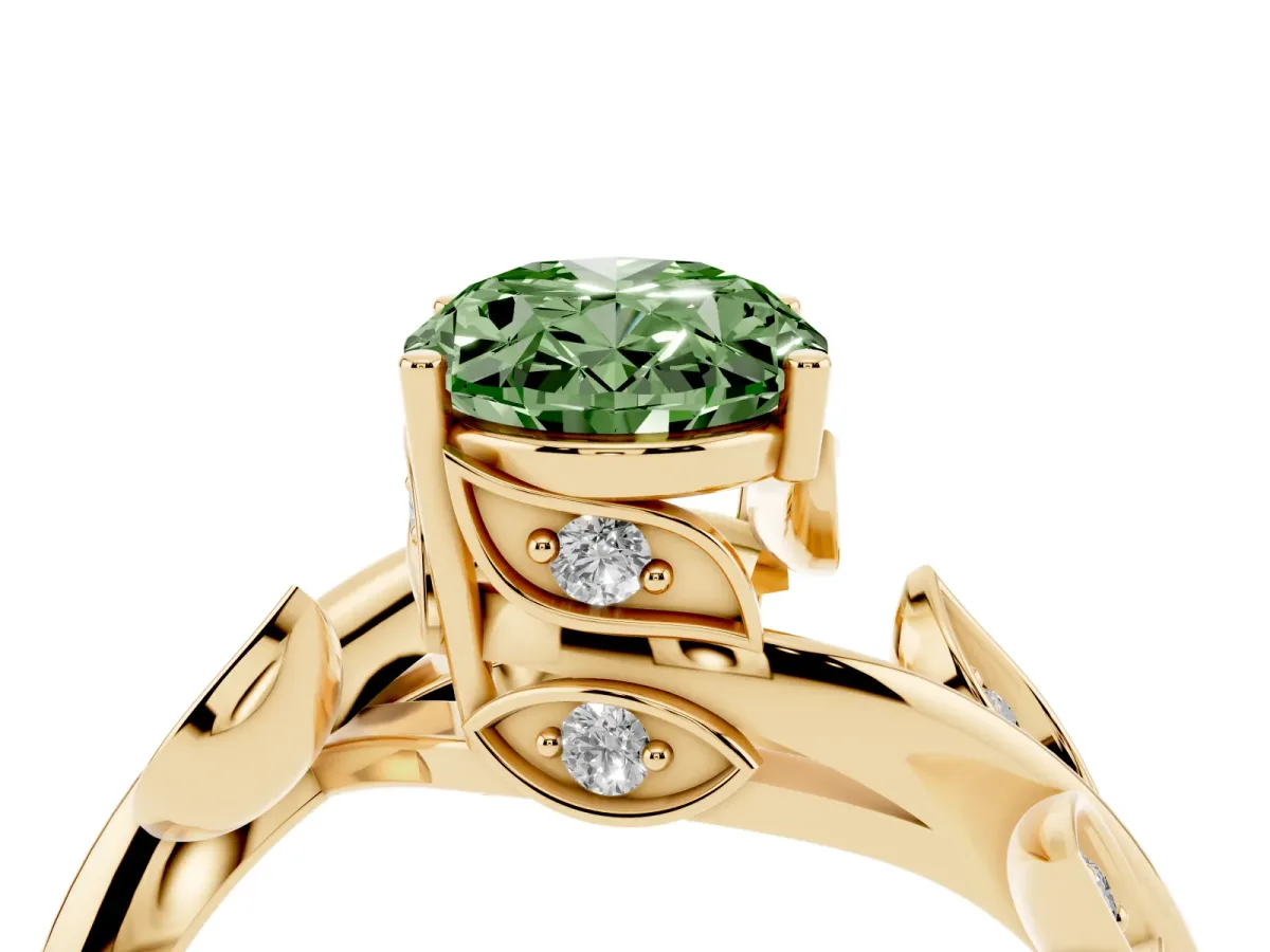 Fancy Green Oval Cut Solitaire Twist Engagement Ring with Leaf Accents and Prong Setting Yellow gold