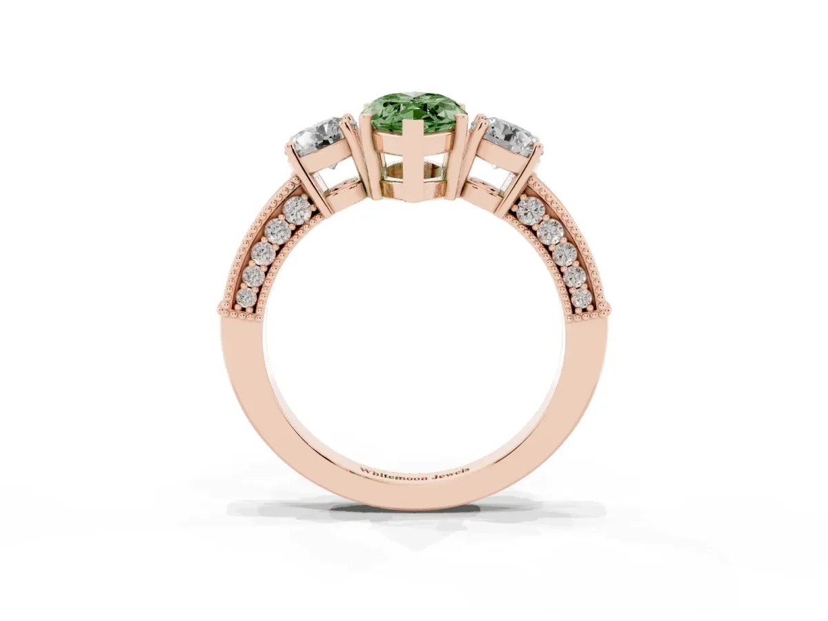 Fancy Green Marquise Cut Three-Stone Diamond Ring with Pavé Band and Four-Prong Setting Rose gold