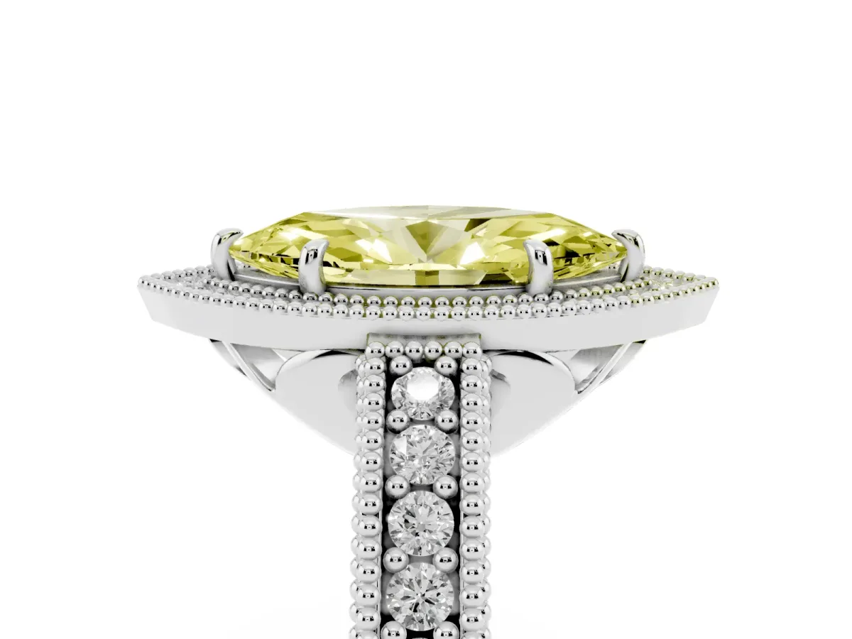 Fancy Yellow Marquise Cut Cut Halo Diamond Ring with Pavé Band and Four-Prong Setting White gold