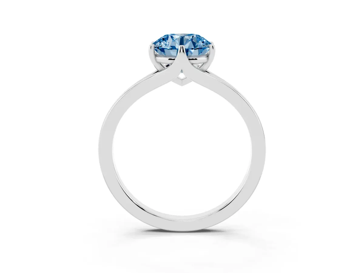 Fancy Blue Round Cut Solitaire Diamond Ring with Six-Prong Setting and Tapered Band Silver