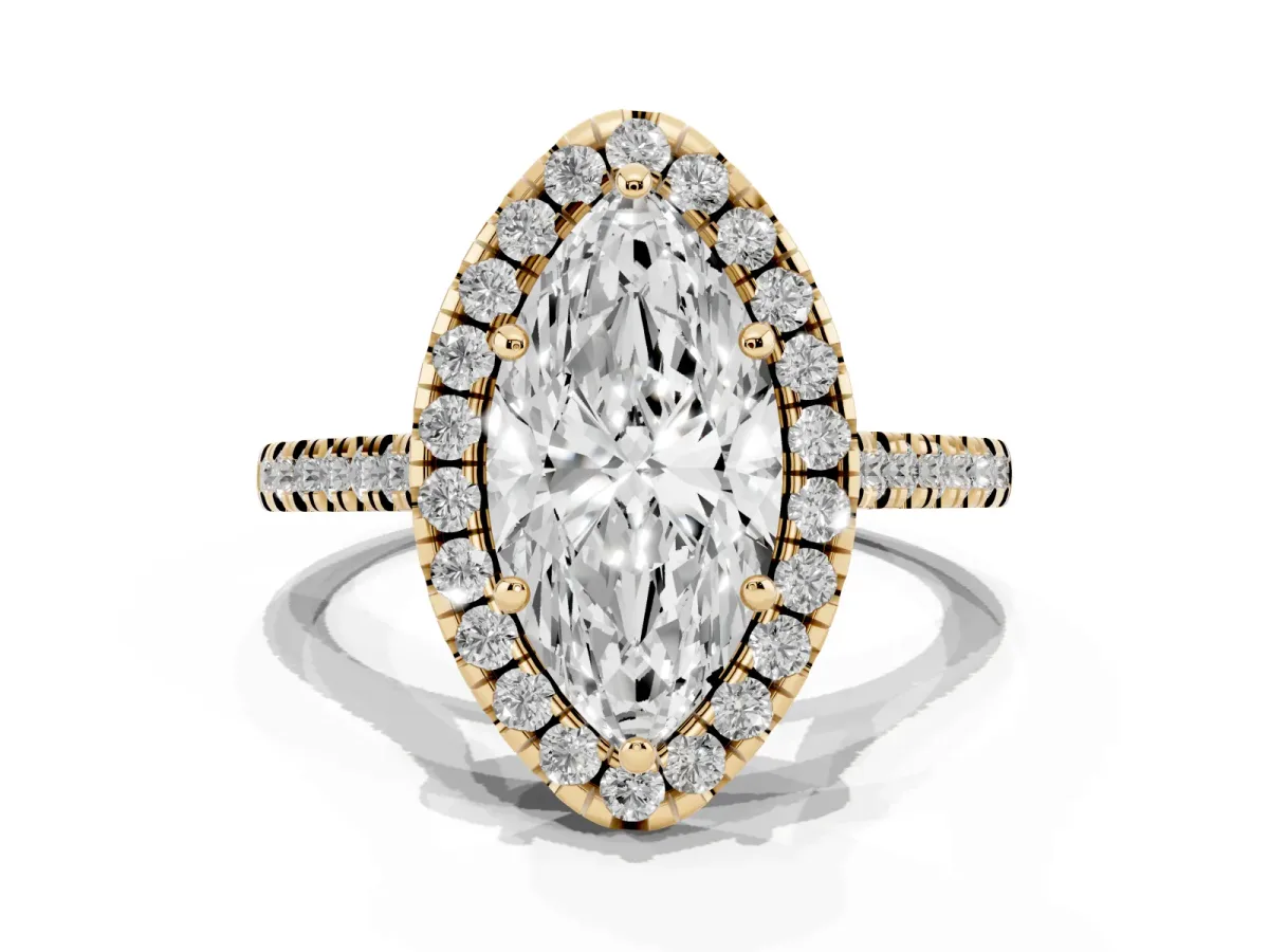 Marquise Cut Diamond Cushion Halo Ring with Pavé Band Yellow gold