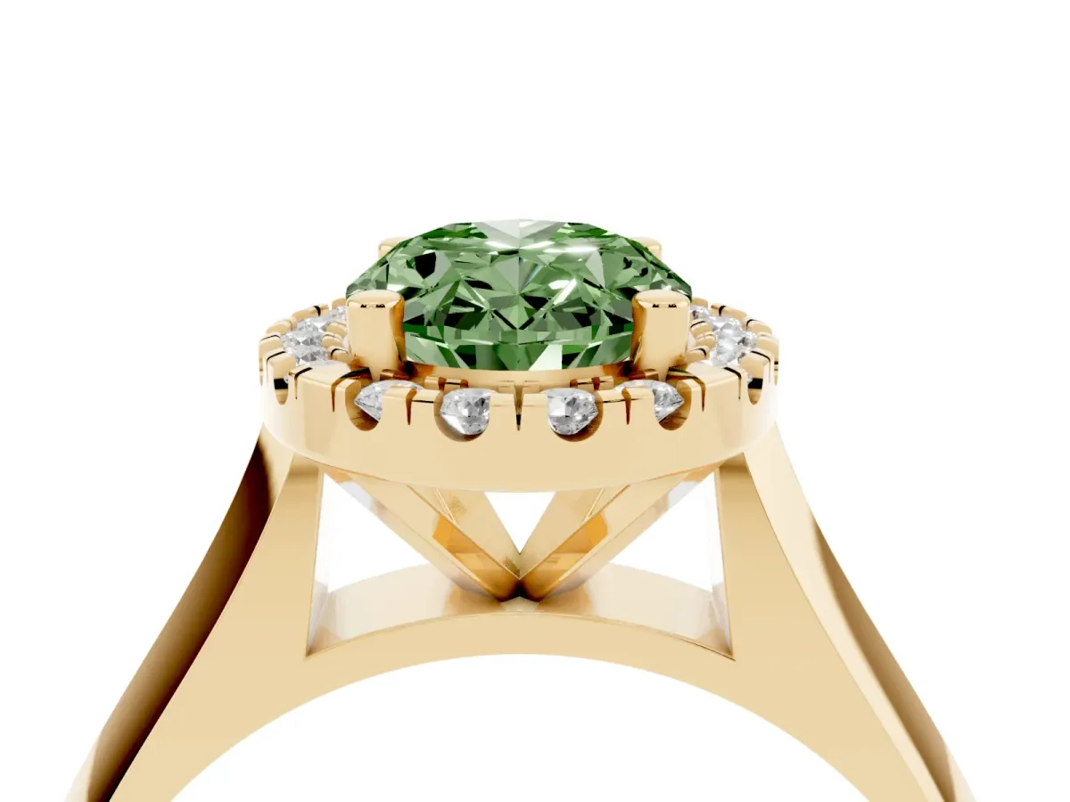 Fancy Green Oval Cut Cut Halo Solitaire Engagement Ring with Square Band and Four-Prong Setting Yellow gold