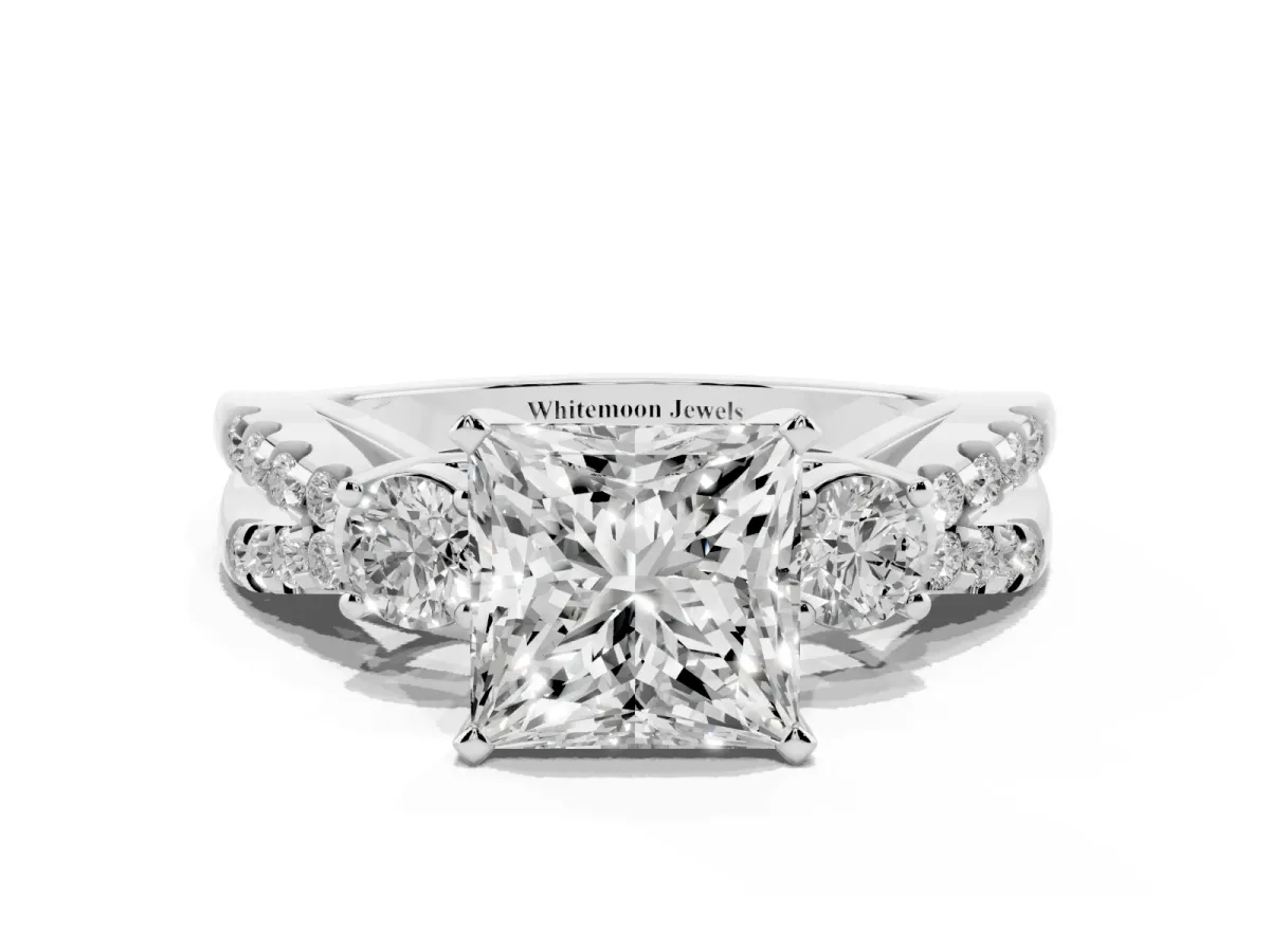 Princess Cut Diamond Three-Stone Ring with Pavé Split Shank and Four-Prong Setting Silver
