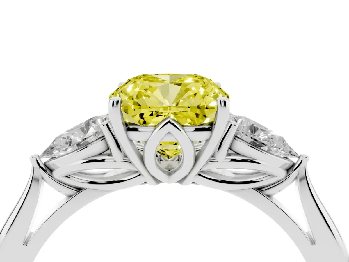 Fancy Yellow Three-Stone Cushion Cut Diamond Ring with Pear Side Stones in Four-Prong Setting Silver