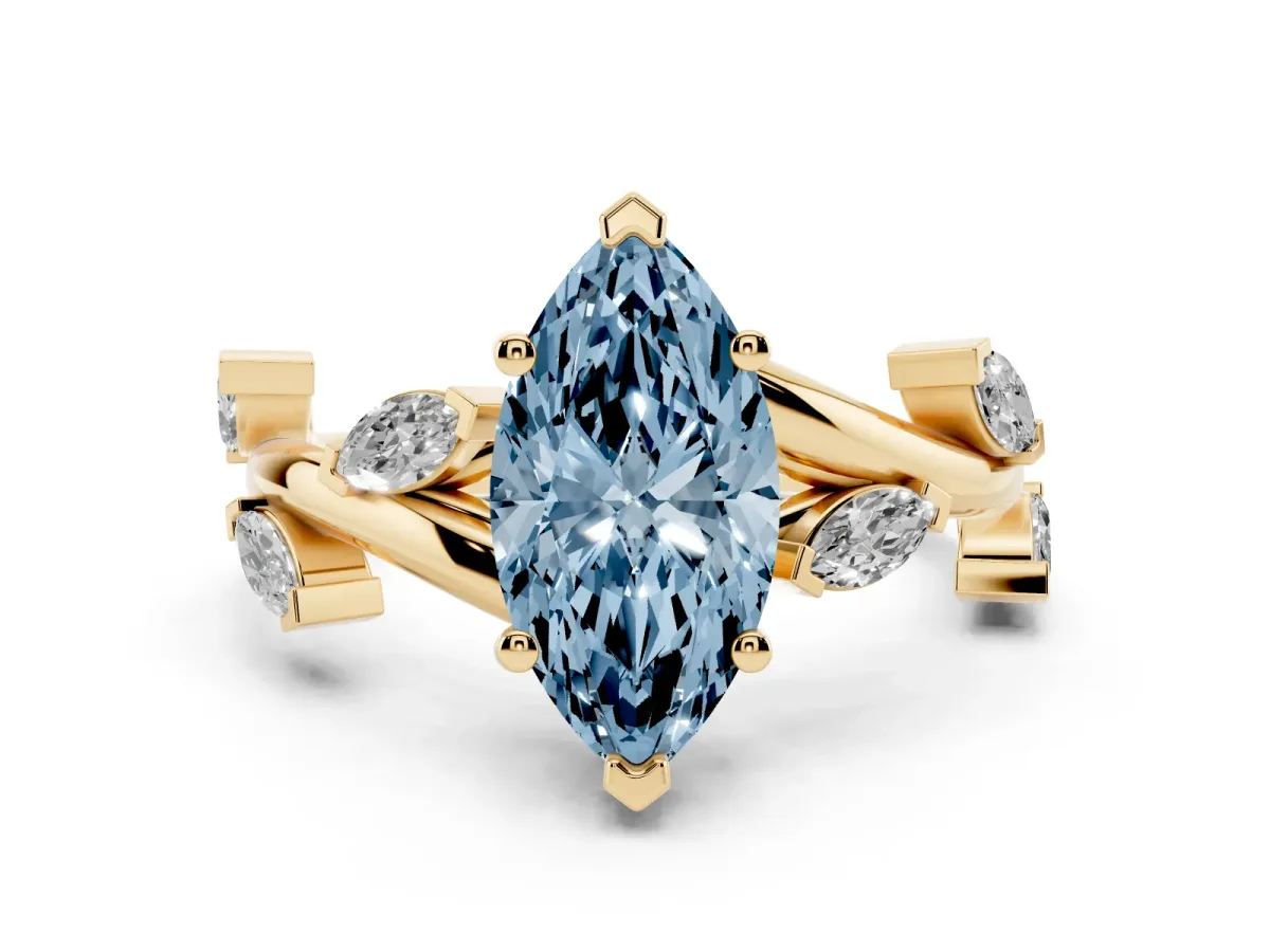 Fancy Blue Marquise Cut Solitaire Twisted Band Marquise Accent Prong Setting Ring Yellow gold