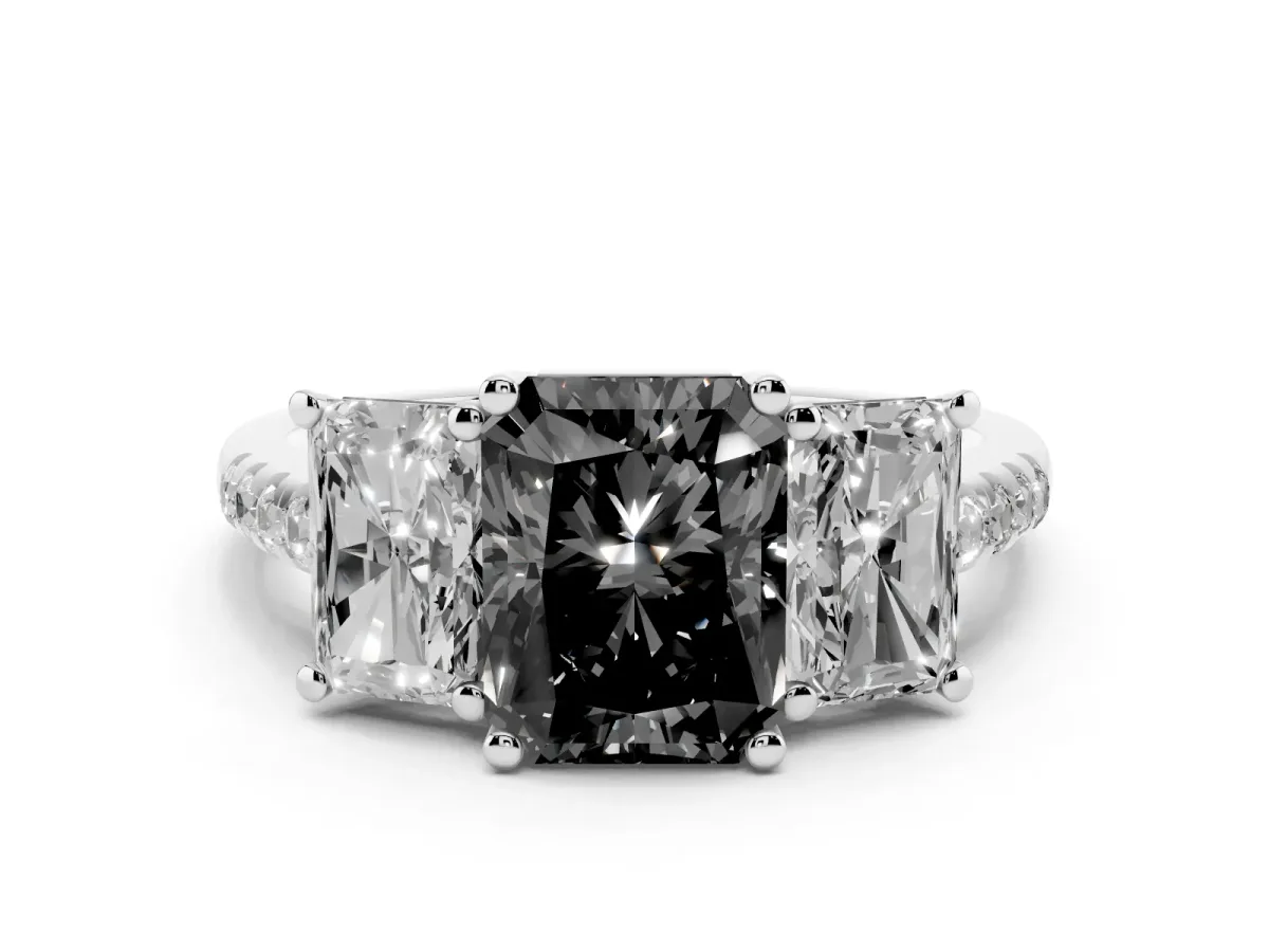 Fancy Black Three-Stone Radiant Cut Diamond Ring with Round Pavé Band and Prong Setting Silver