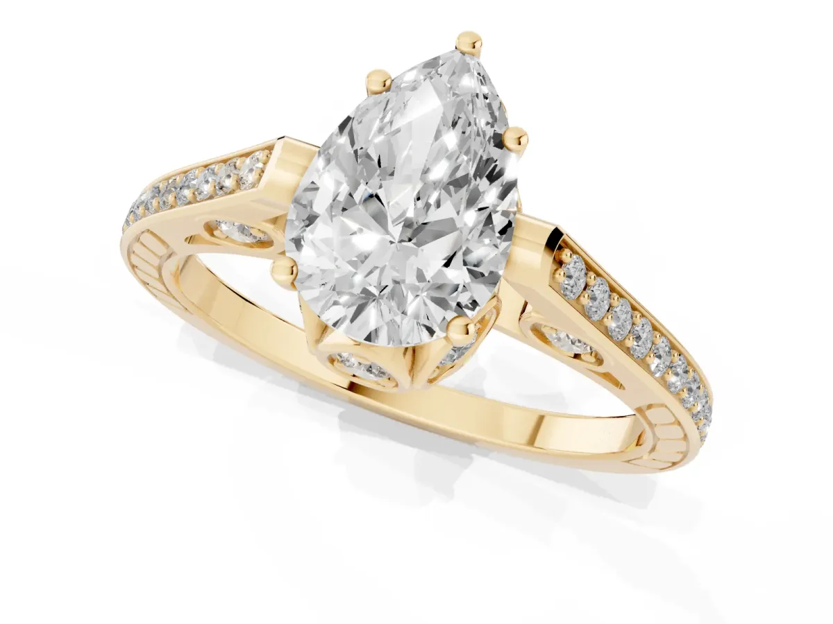 Pear Cut Cut Cathedral Pave Diamond Engagement Ring with Six-Prong Setting Yellow gold