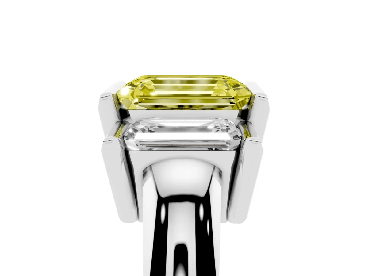 Fancy Yellow Three Stone Emerald Cut Cut Channel Set Diamond Ring Platinum