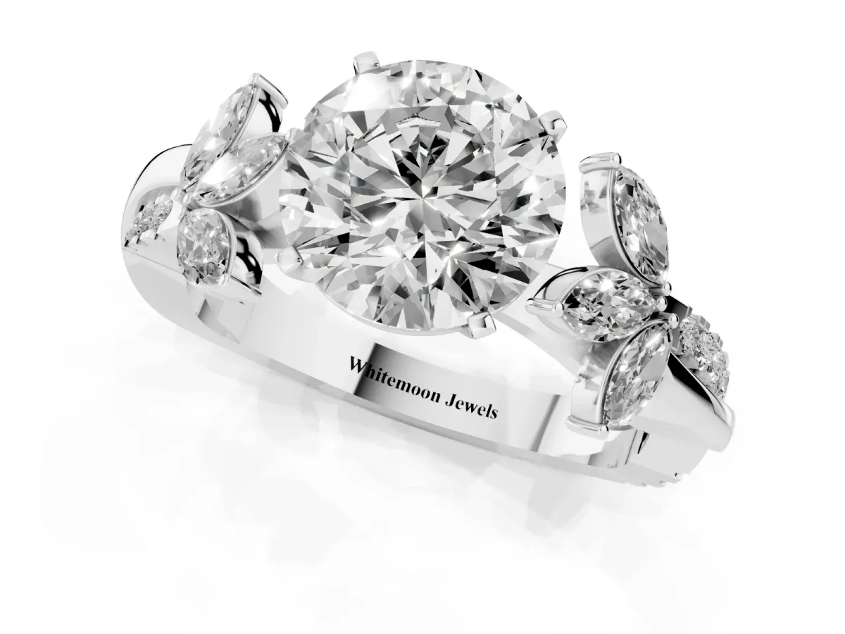 Round Cut Diamond Floral Vine Solitaire Engagement Ring Silver