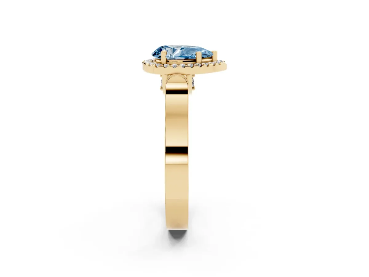 Fancy Blue Pear Cut Halo Pave Split Shank Prong Setting Ring Yellow gold