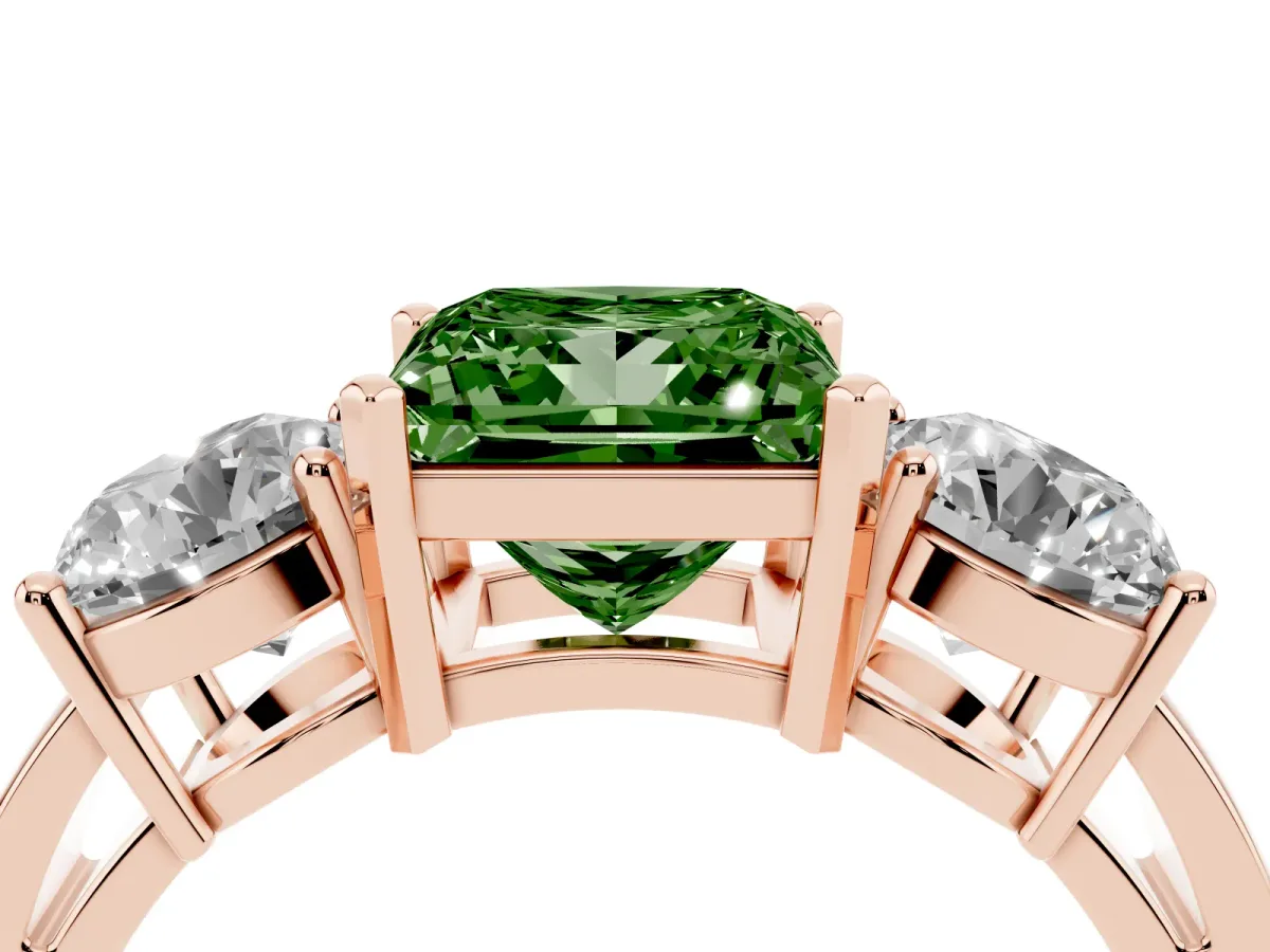 Fancy Green Three-Stone Princess Cut Diamond Ring with Round Side Stones, Classic Band, and Four-Prong Setting Rose gold