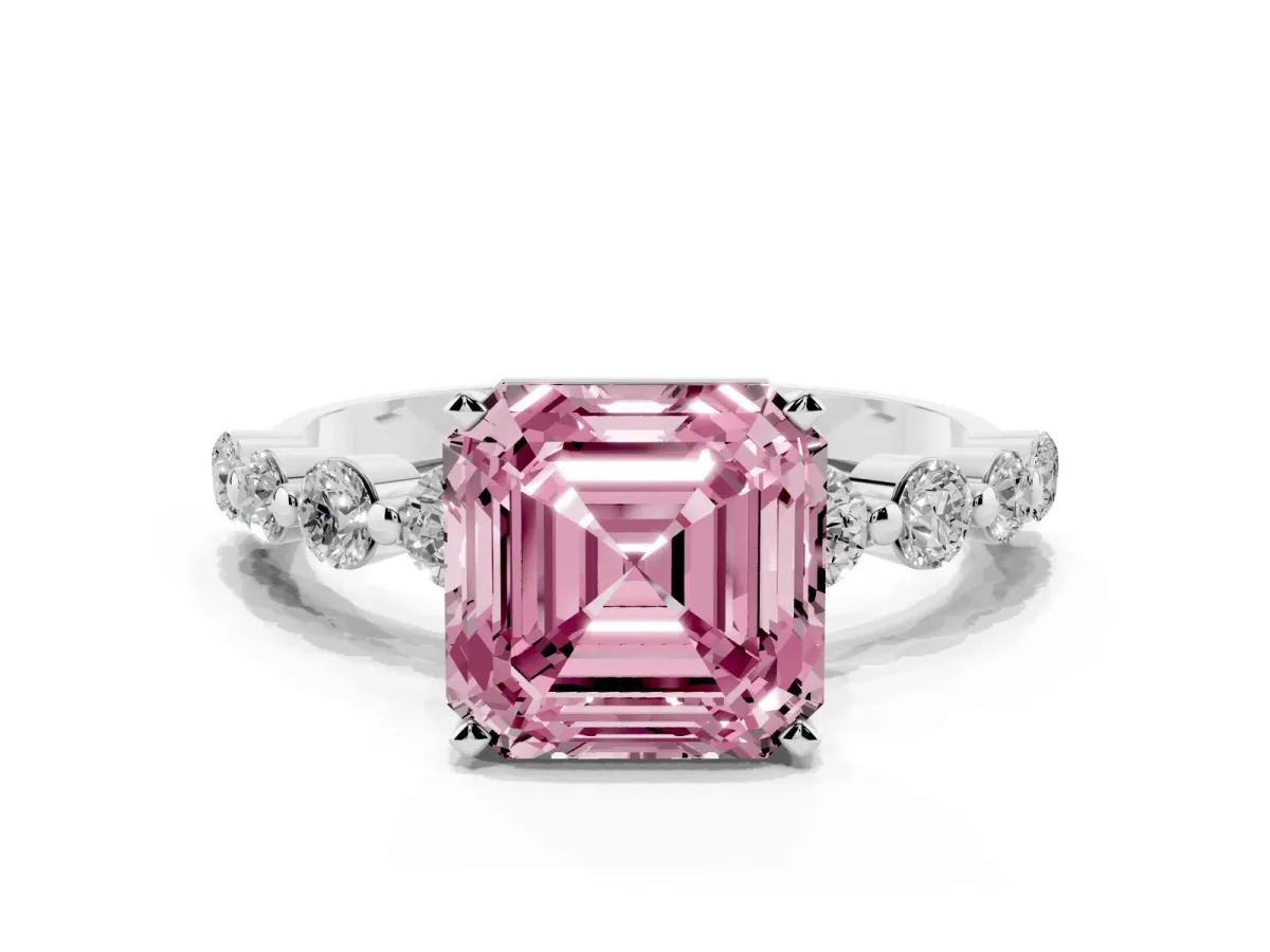 Fancy Pink Asscher Cut Solitaire Diamond Ring with Pave Band and Four-Prong Setting Silver