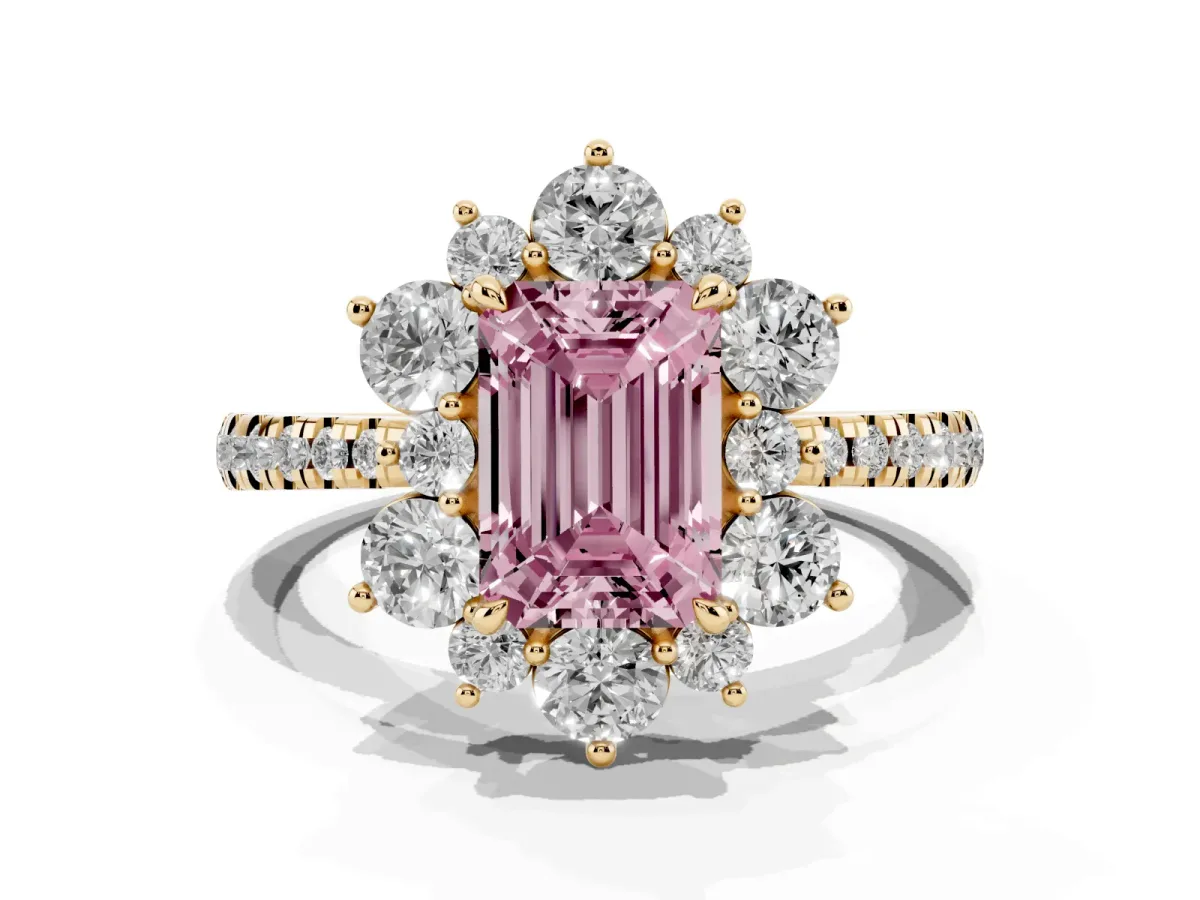 Fancy Pink Emerald Cut Diamond Floral Halo Ring with Round Pavé Band and Prong Setting Yellow gold
