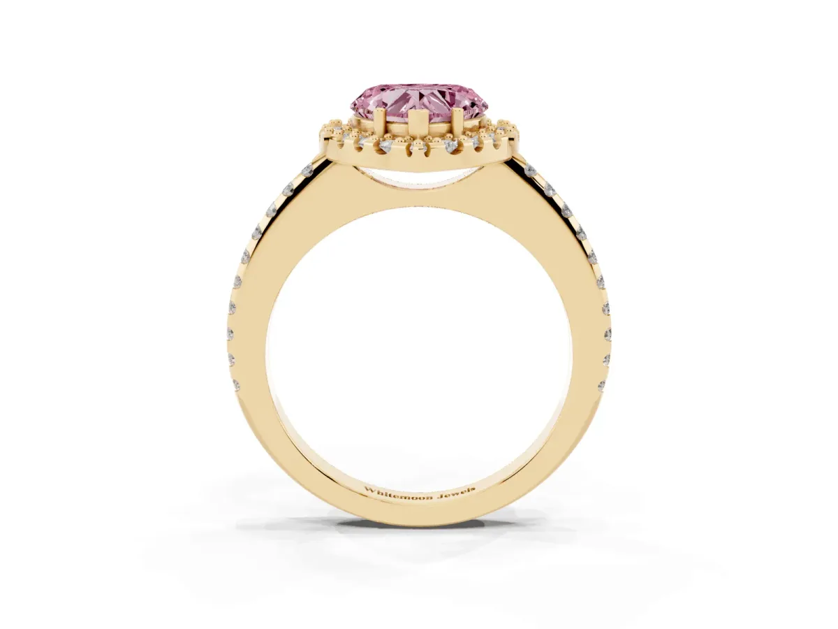 Fancy Pink Heart Cut Diamond Pavé Halo Ring with Four-Prong Setting Yellow gold