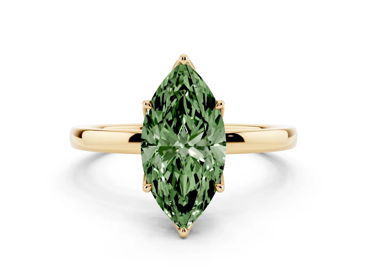 Fancy Green Marquise Cut Diamond Solitaire Ring with Thin Band and Prong Setting Yellow gold