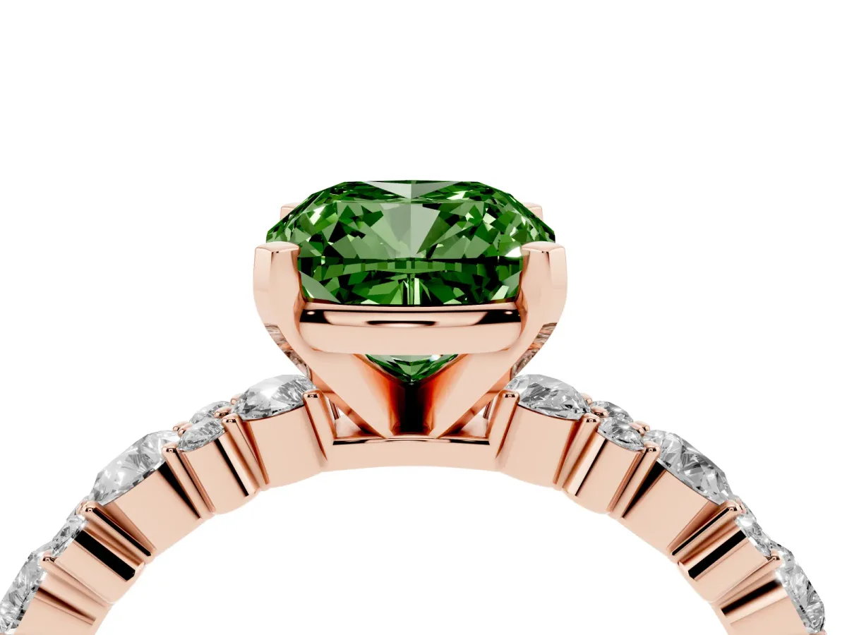 Fancy Green Cushion Cut Diamond Side Stone Solitaire Ring with Round and Four-Prong Setting Rose gold