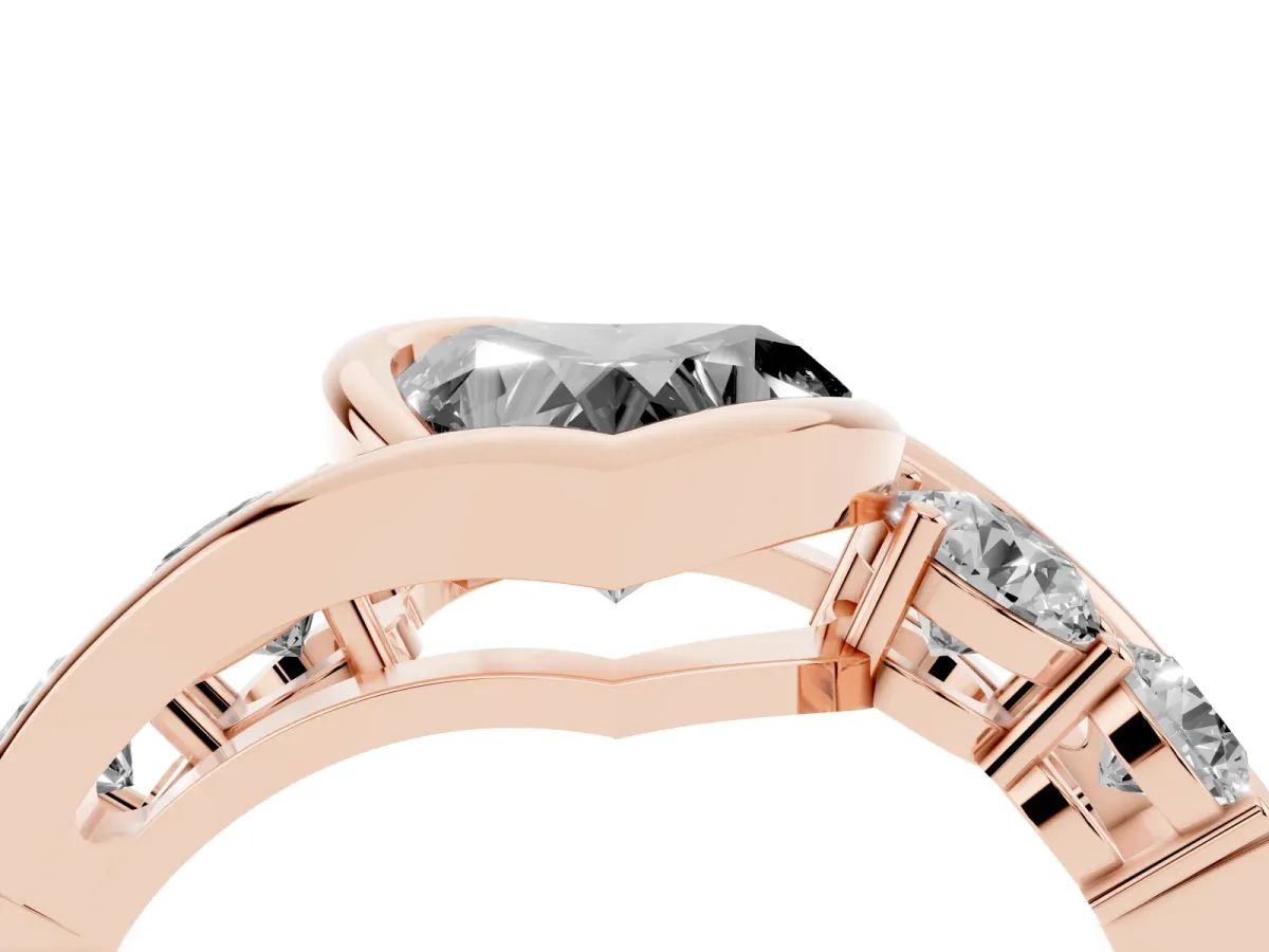 Fancy Black Bezel Set Heart Cut Diamond Bypass Ring with Round Accents Rose gold