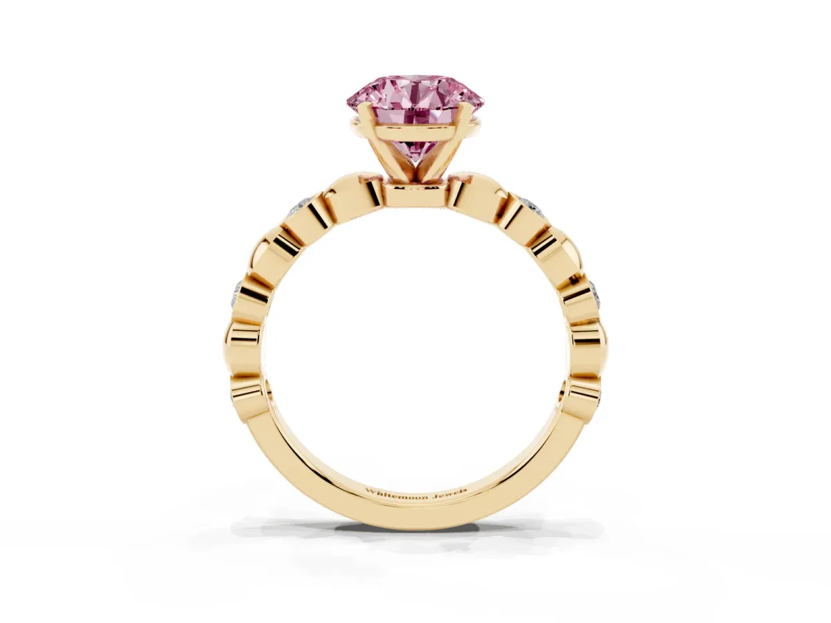 Fancy Pink Round Cut Solitaire Bezel-Set Diamond Ring with Beaded Band and Four-Prong Setting Yellow gold