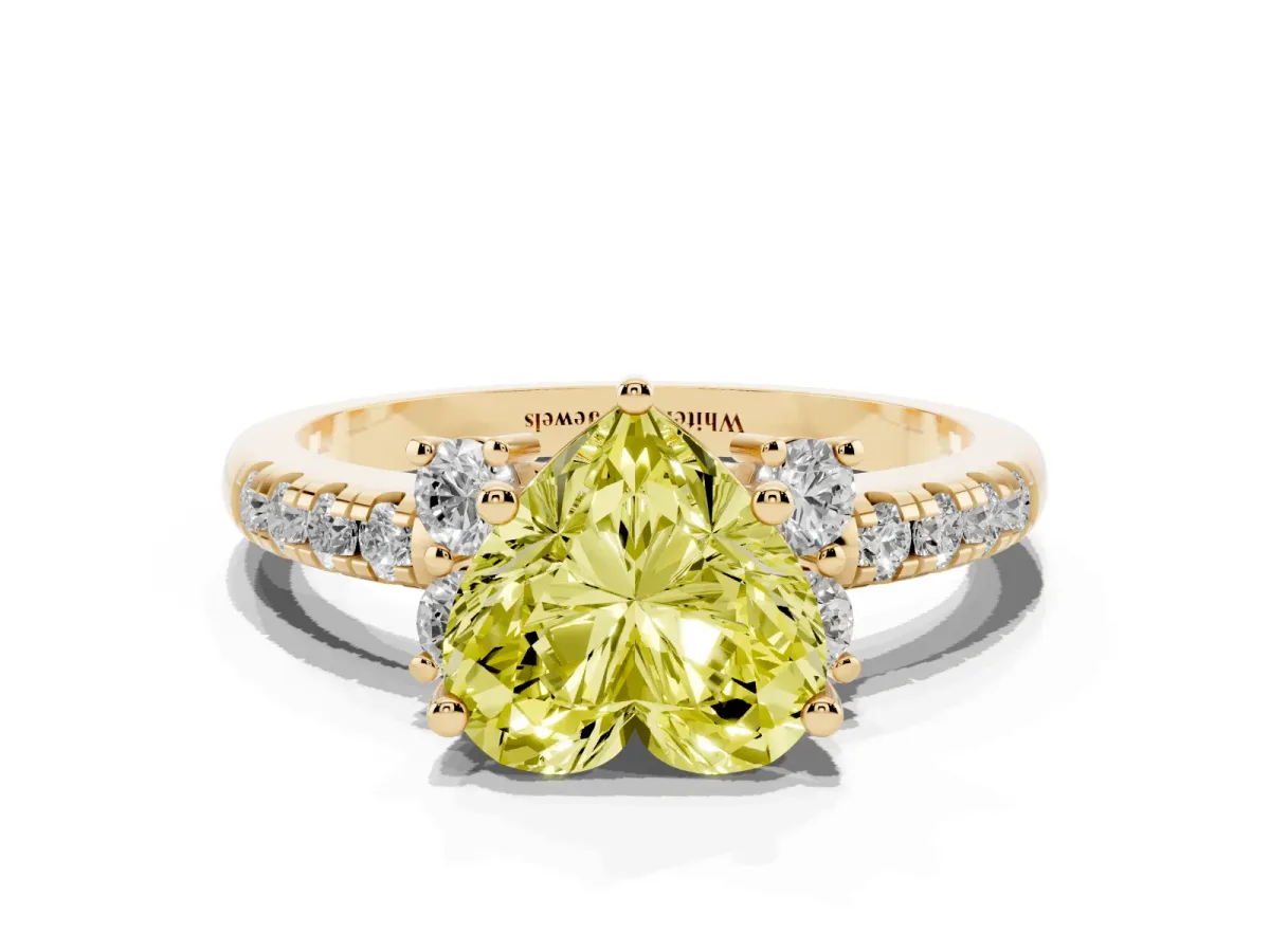 Fancy Yellow Heart Cut Diamond Three-Stone Pave Band with Four-Prong Setting Yellow gold