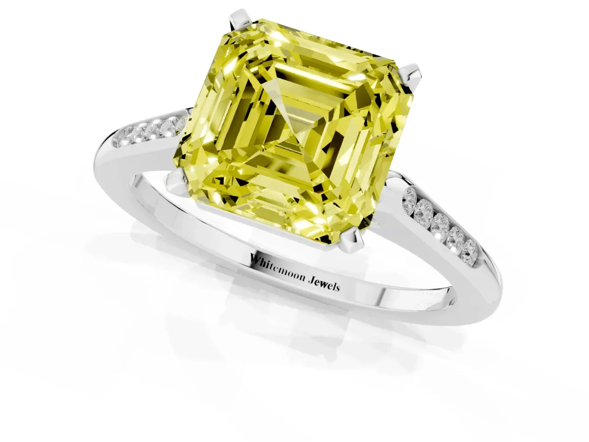 Fancy Yellow Asscher Cut Diamond Solitaire Ring with Channel Set Round Band and Prong Setting Silver