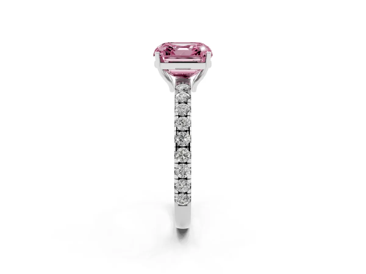 Fancy Pink Asscher Cut Diamond Pavé Solitaire Engagement Ring with Four-Prong Setting Silver