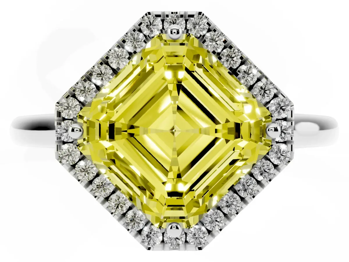 Fancy Yellow Asscher Cut Halo Round Diamond Solitaire Engagement Ring with Pave Band and Four-Prong Setting Silver