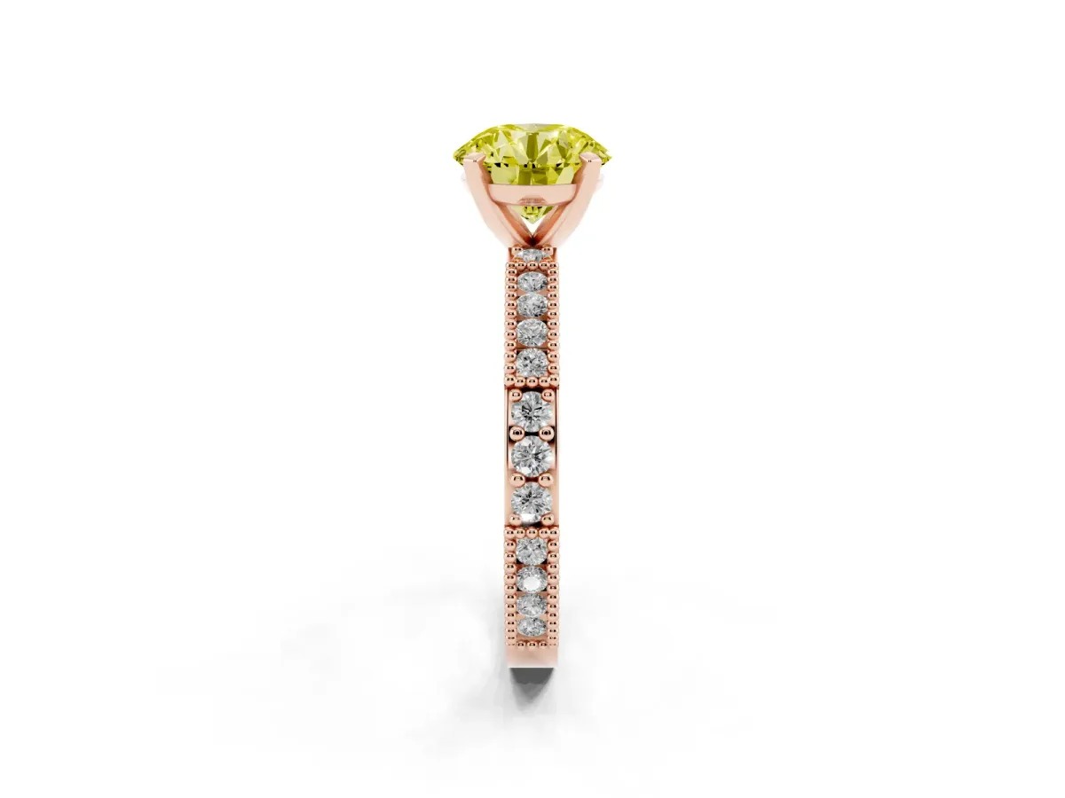 Fancy Yellow Round Cut Solitaire with Pavé Band and Four-Prong Setting Rose gold