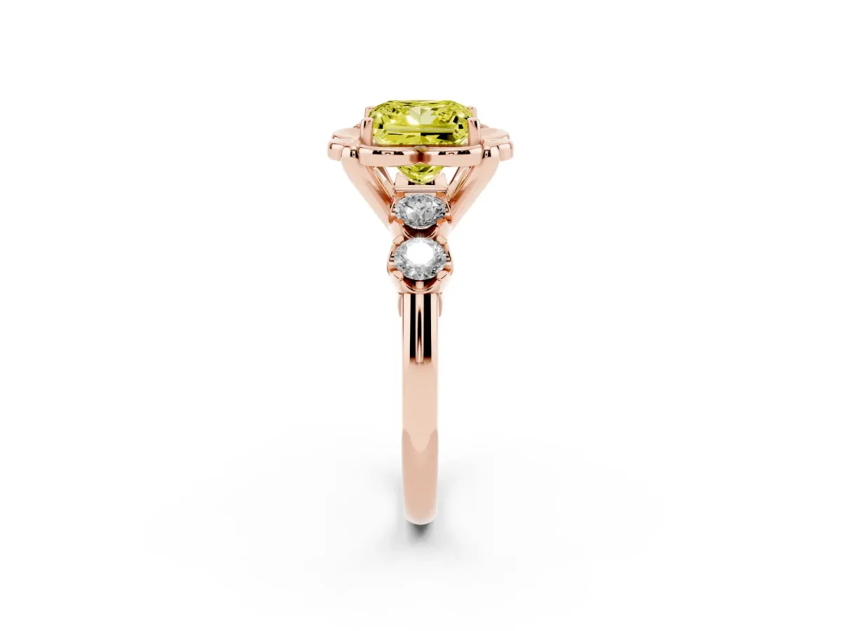 Fancy Yellow Princess Cut Cut Diamond Floral Halo Engagement Ring with Shared Prong Setting Rose gold