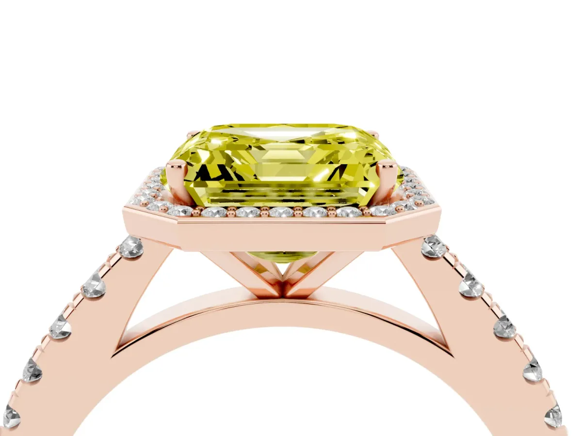 Fancy Yellow Asscher Cut Cut Halo Diamond Engagement Ring with Pave Band and Four-Prong Setting Rose gold