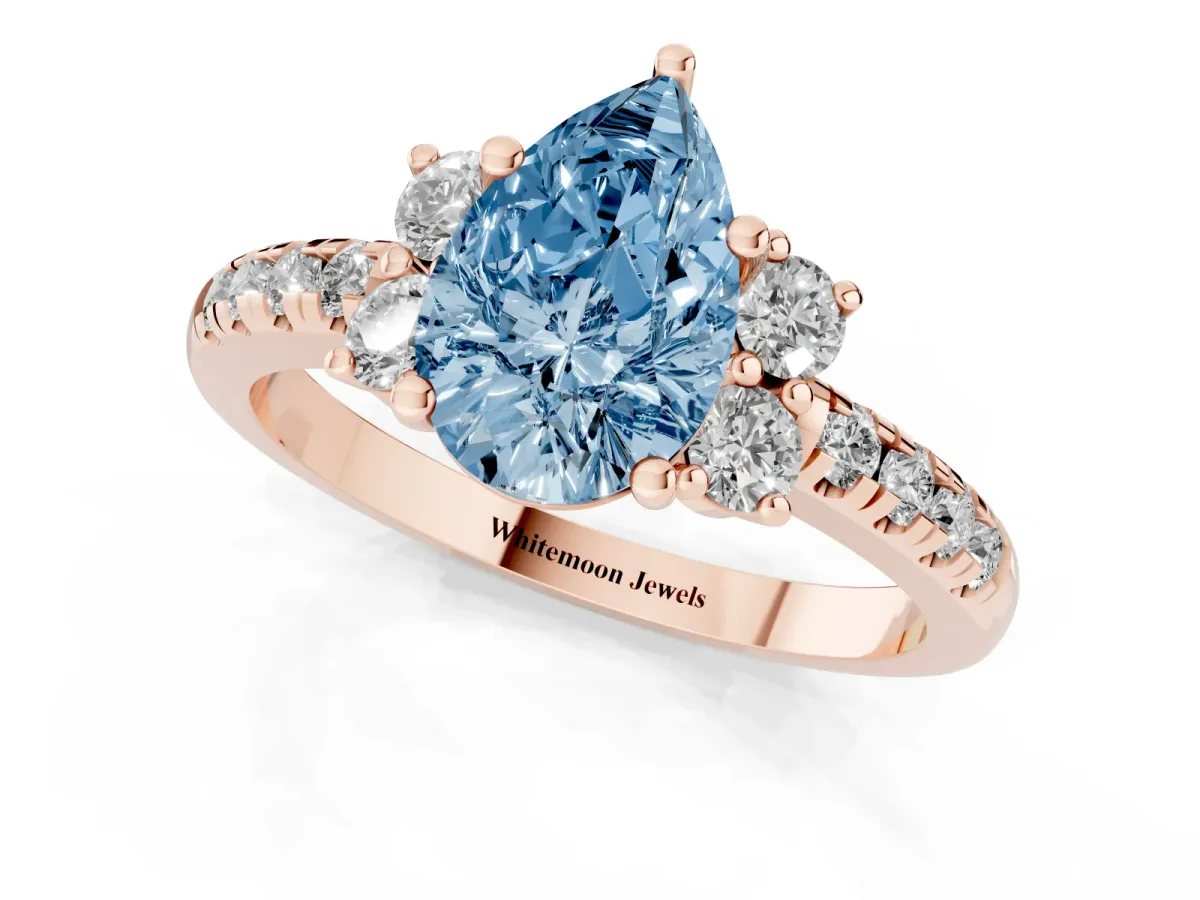 Fancy Blue Pear Cut Diamond Three-Stone Pave Band with Four-Prong Setting Rose gold