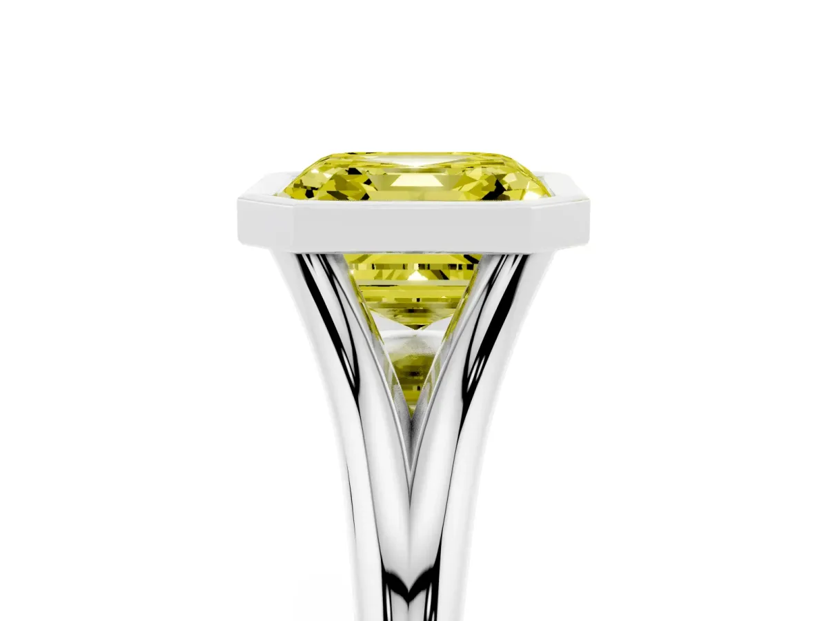 Fancy Yellow Bezel Set Asscher Cut Cut Solitaire Ring with Tapered Band Silver
