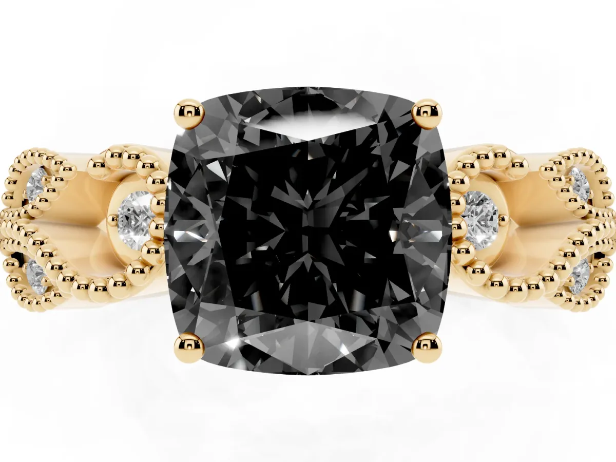 Fancy Black Cushion Cut Solitaire Milgrain Leaf Band with Prong Setting Yellow gold