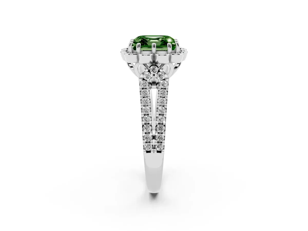Fancy Green Asscher Cut Halo Diamond Floral Split Shank Engagement Ring Silver