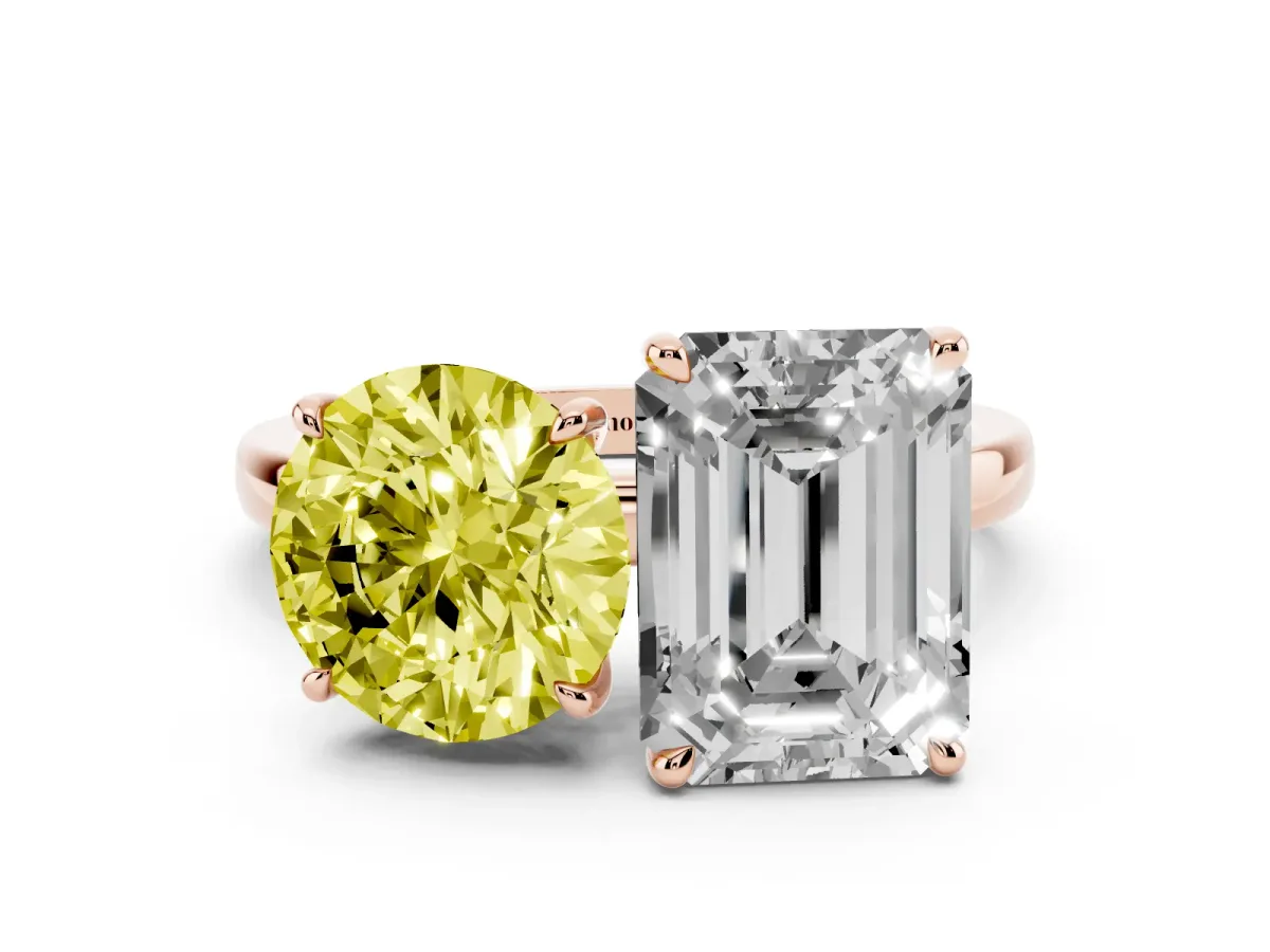 Fancy Yellow Round Cut and Emerald Cut Toi Moi Ring with Prong Setting Rose gold