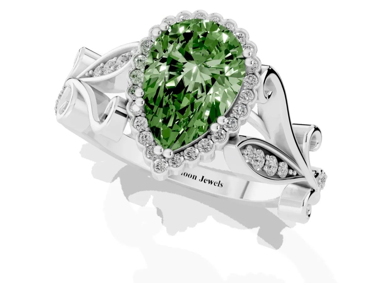Fancy Green Pear Cut Diamond Halo Ring with Vintage Split Shank and Four-Prong Setting Silver