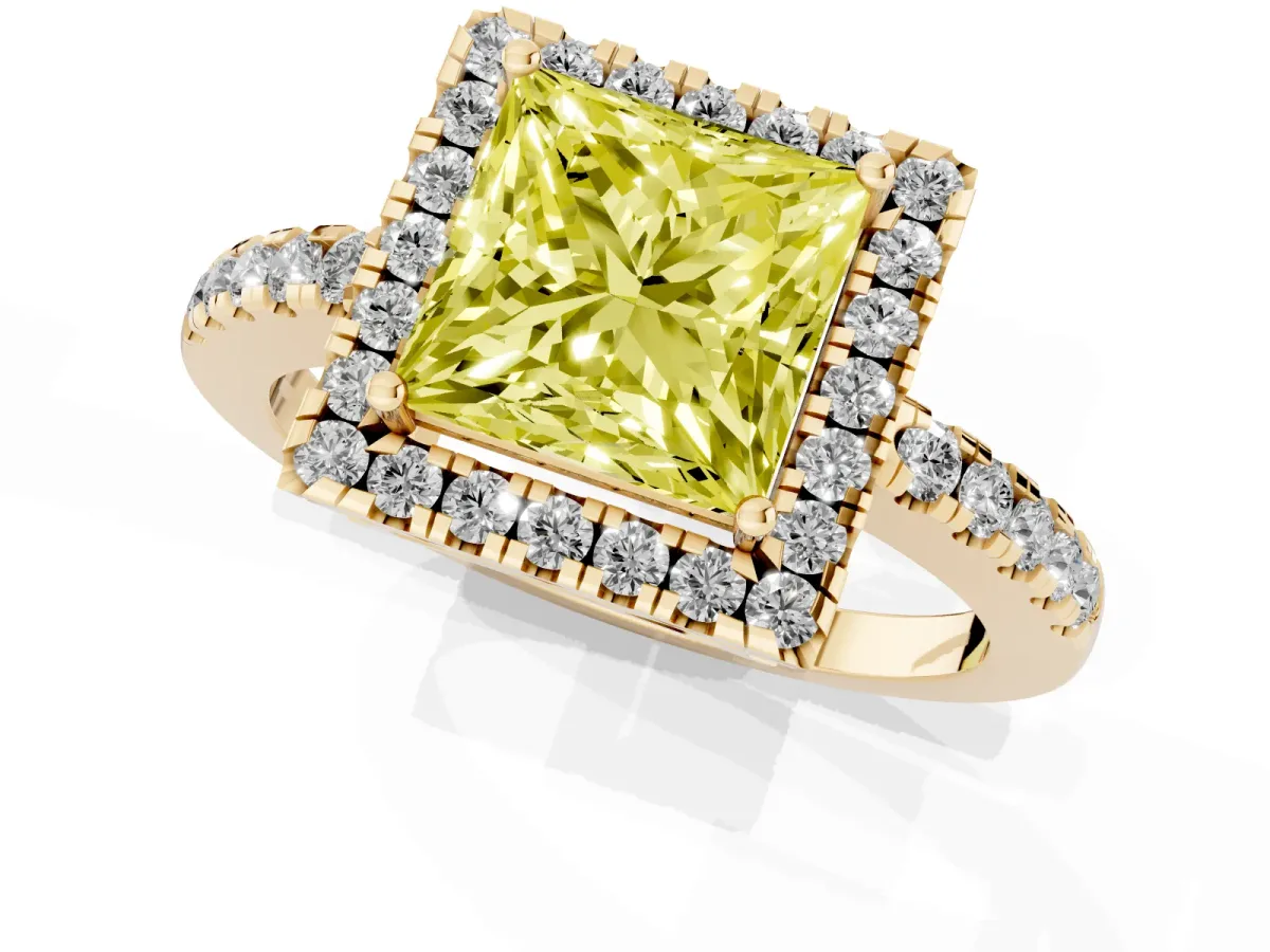 Fancy Yellow Princess Cut Halo Diamond Engagement Ring with Pavé Band and Four-Prong Setting Yellow gold