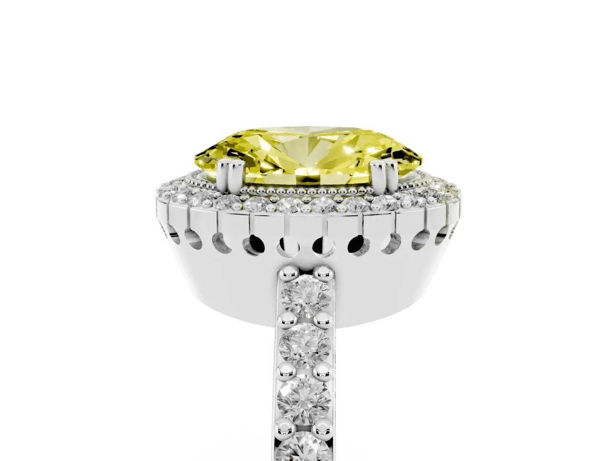 Fancy Yellow Oval Cut Cut Diamond Halo Engagement Ring with Milgrain Detail and Pavé Band Silver