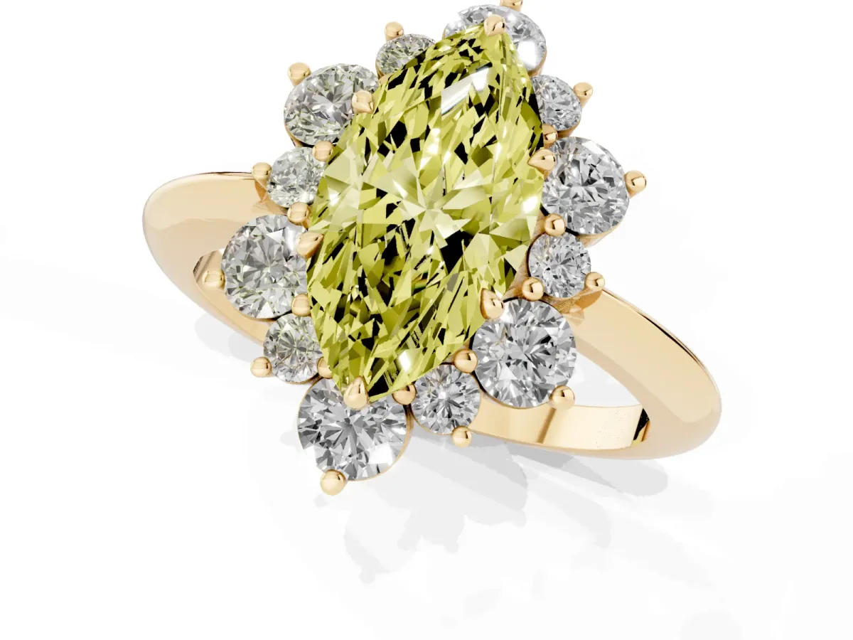 Fancy Yellow Marquise Cut Diamond Cluster Halo Ring with Solitaire Band and Four-Prong Setting Yellow gold