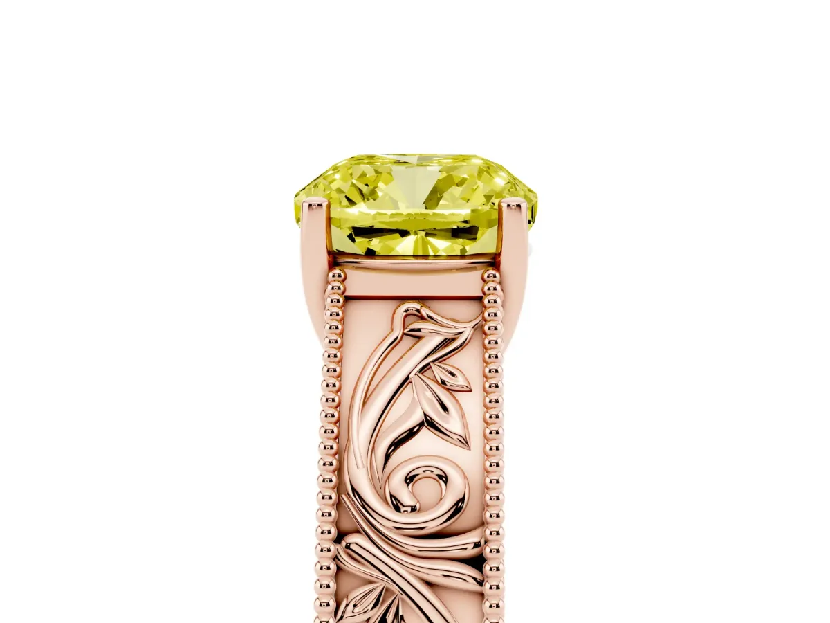 Fancy Yellow Cushion Cut Diamond Solitaire Ring with Engraved Band and Four-Prong Setting Rose gold