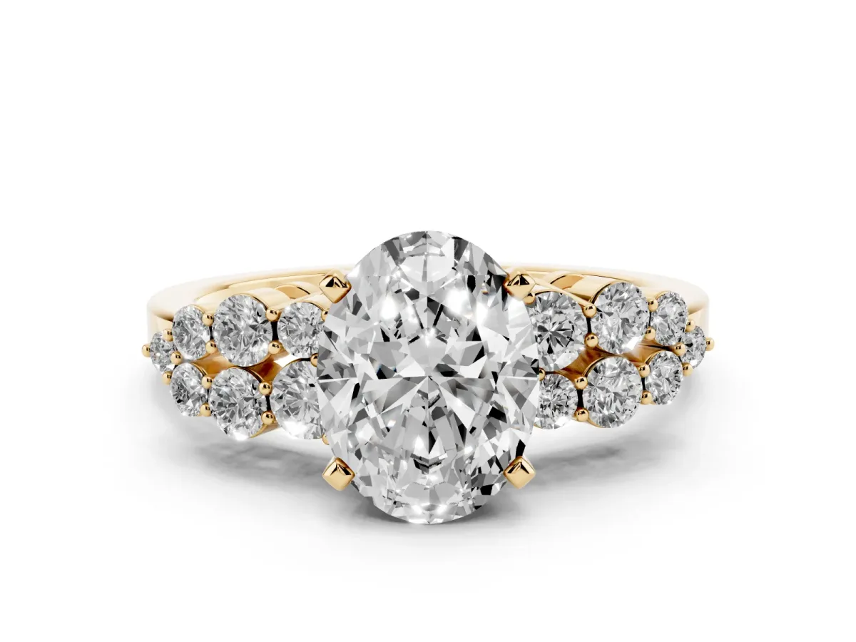Oval Cut Cluster Diamond Engagement Ring with Pavé Band and Four-Prong Setting Yellow gold