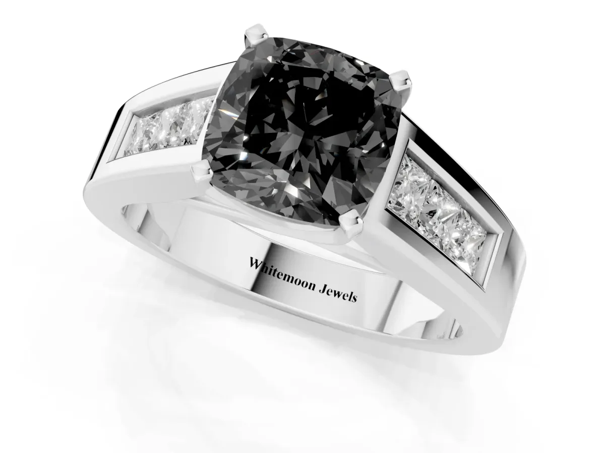 Fancy Black Cushion Cut Cut Channel Set Solitaire Ring with Four-Prong Setting Silver