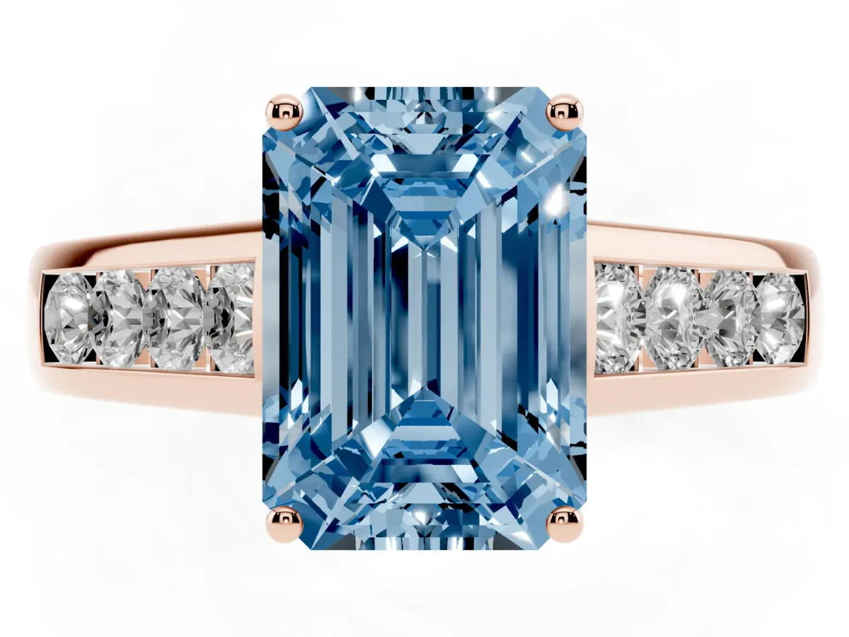 Fancy Blue Emerald Cut Brilliant Channel-Set Solitaire Ring with Four-Prong Setting Rose gold