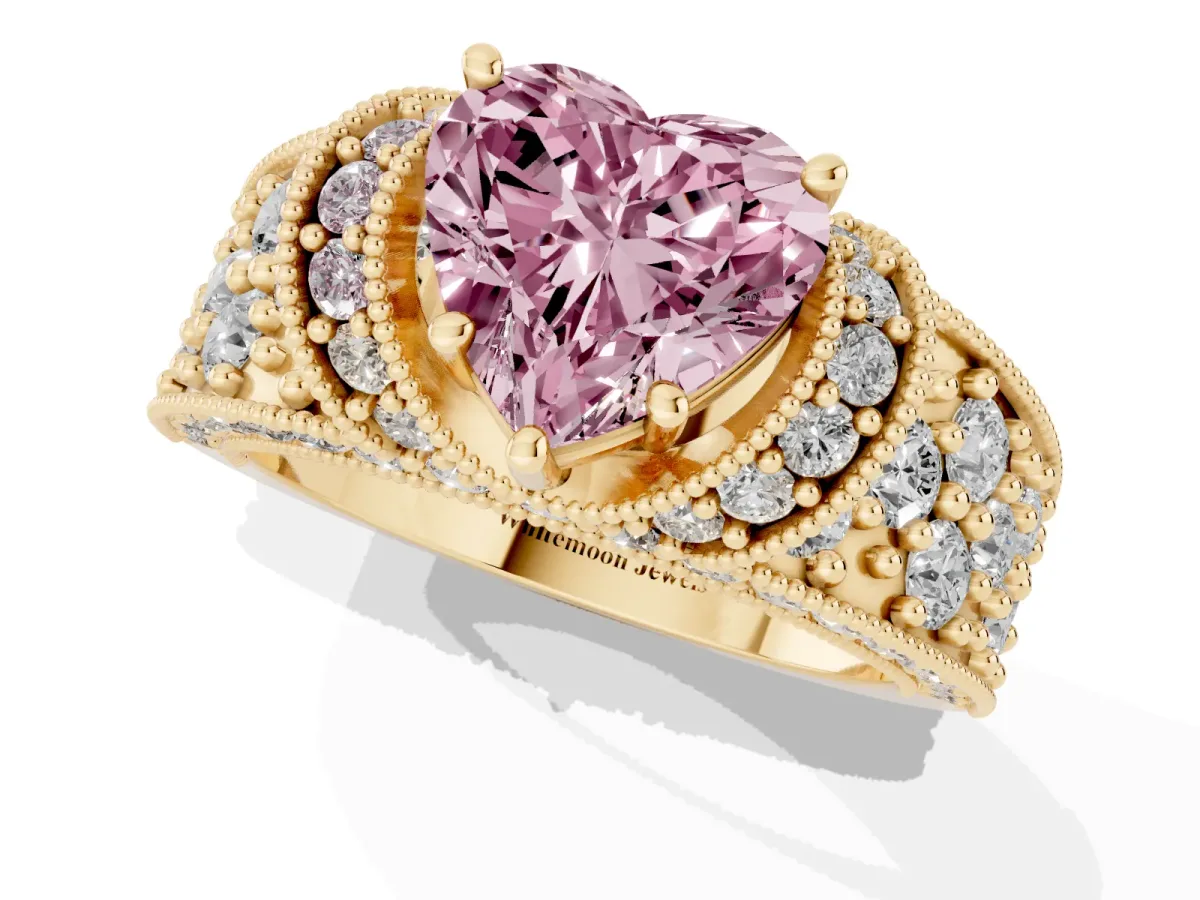 Fancy Pink Heart Cut Halo Pave Diamond Engagement Ring with Milgrain Detailing Yellow gold