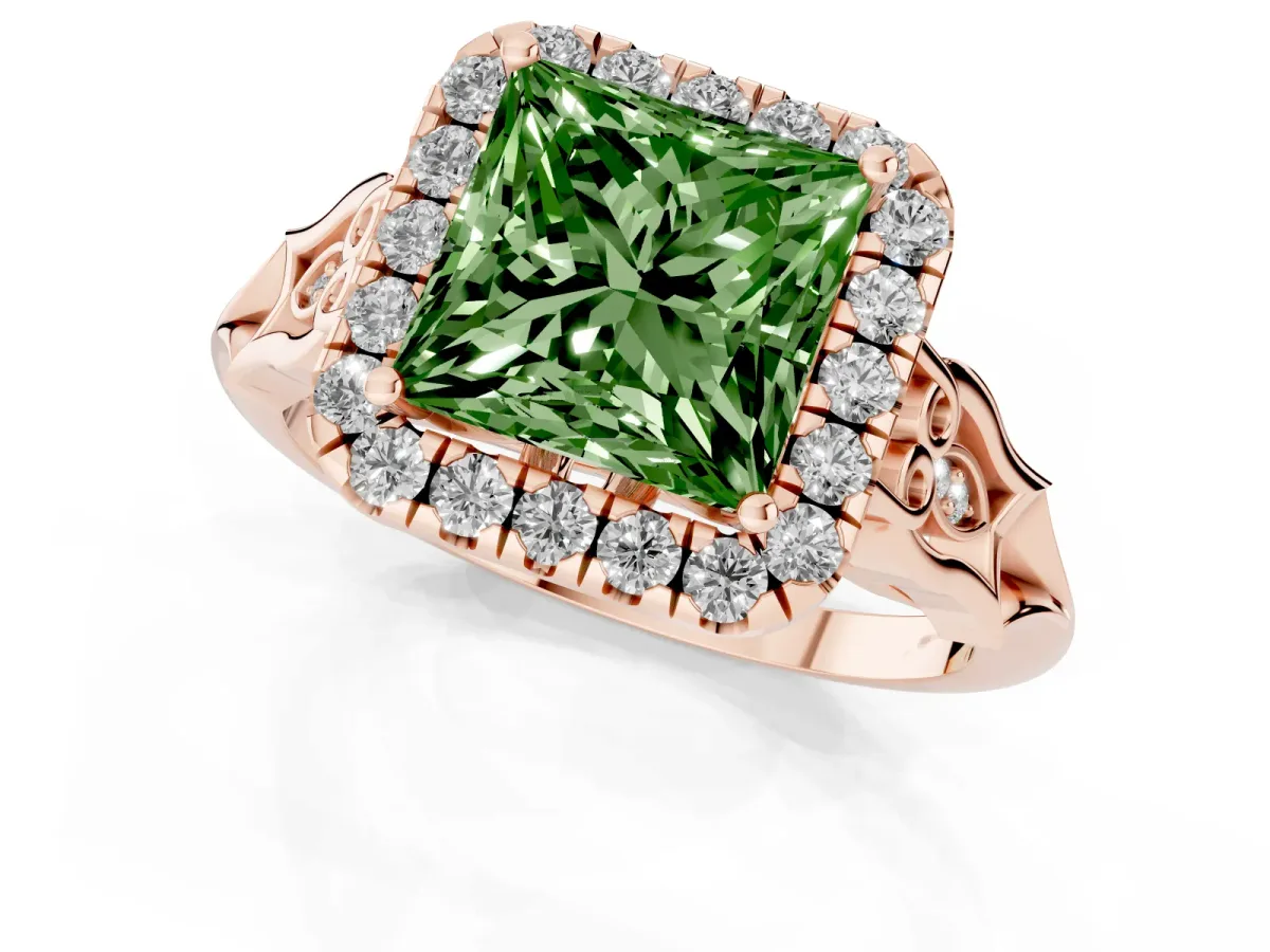 Fancy Green Princess Cut Halo Diamond Engagement Ring with Filigree Band and Four-Prong Setting Rose gold