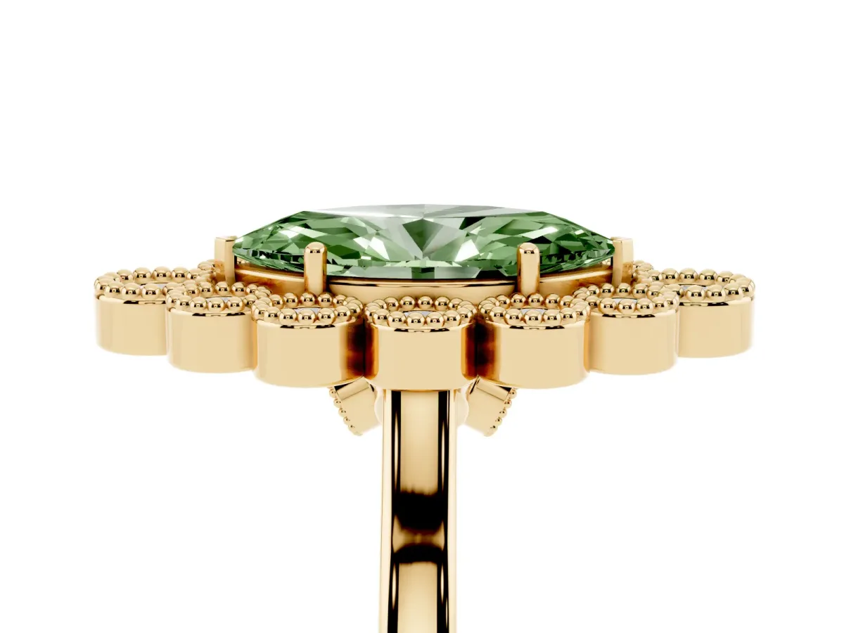 Fancy Green Marquise Cut Halo Diamond Cluster Engagement Ring with Milgrain Bezel Setting and Solitaire Band Yellow gold