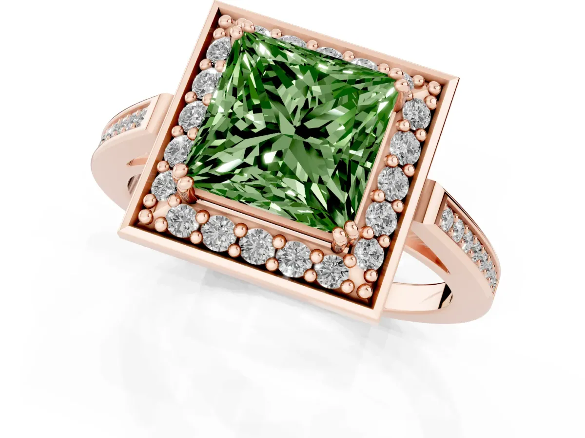 Fancy Green Princess Cut Diamond Halo Ring with Split Shank and Four-Prong Setting Rose gold