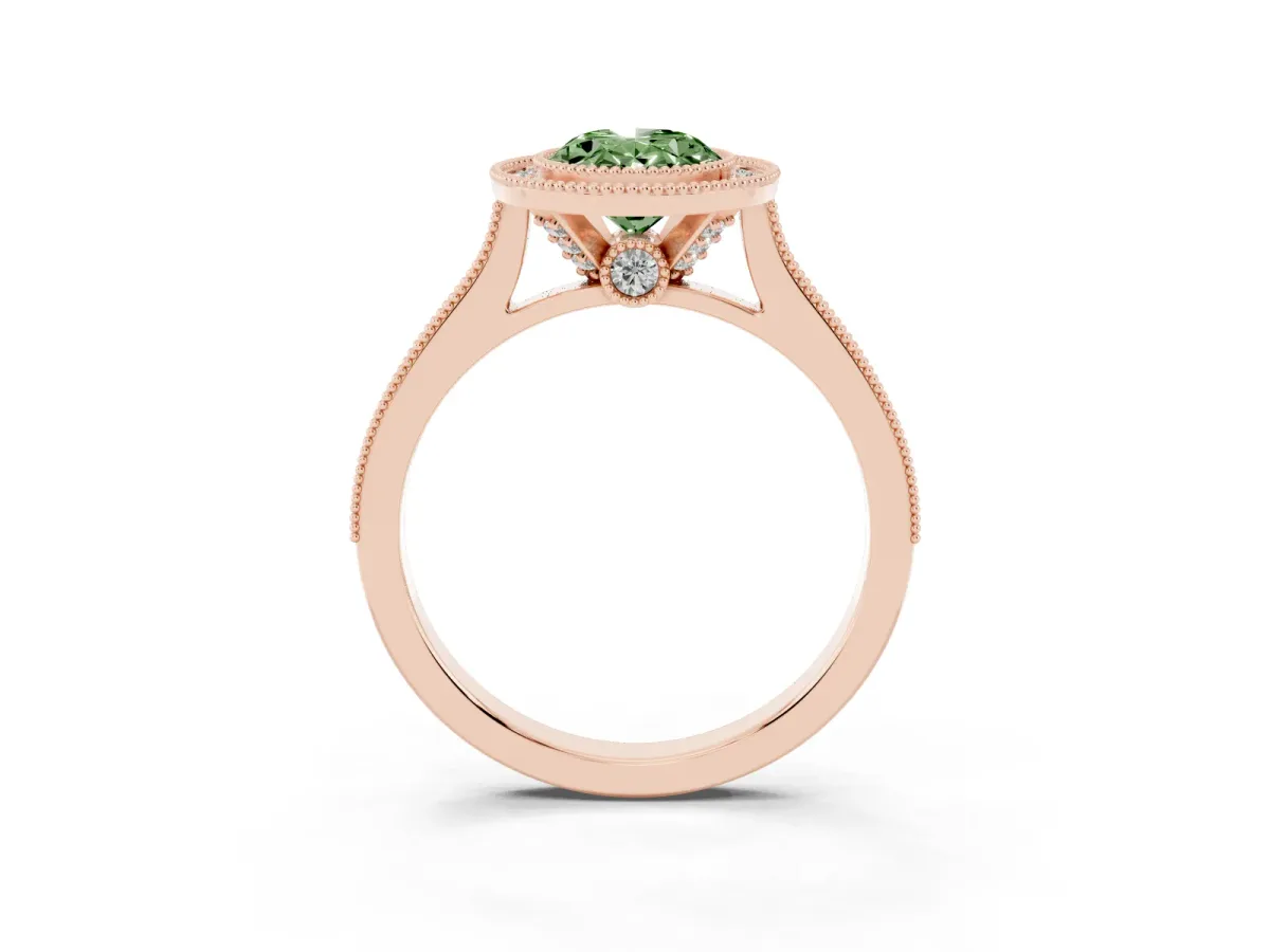 Fancy Green Halo Oval Cut-Cut Diamond Pave Band Milgrain Prong Setting Ring Rose gold