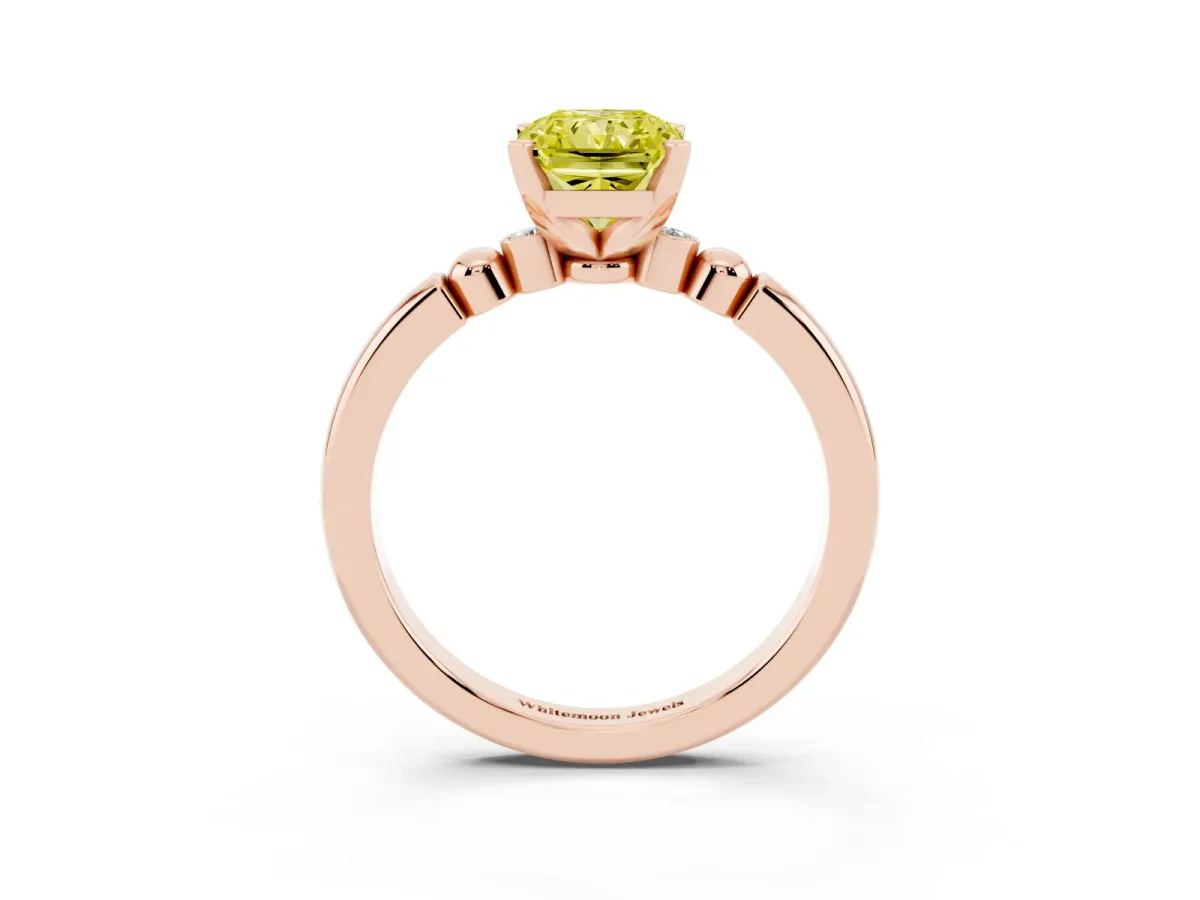 Fancy Yellow Radiant Cut Solitaire Beaded Band with Four-Prong Setting Rose gold